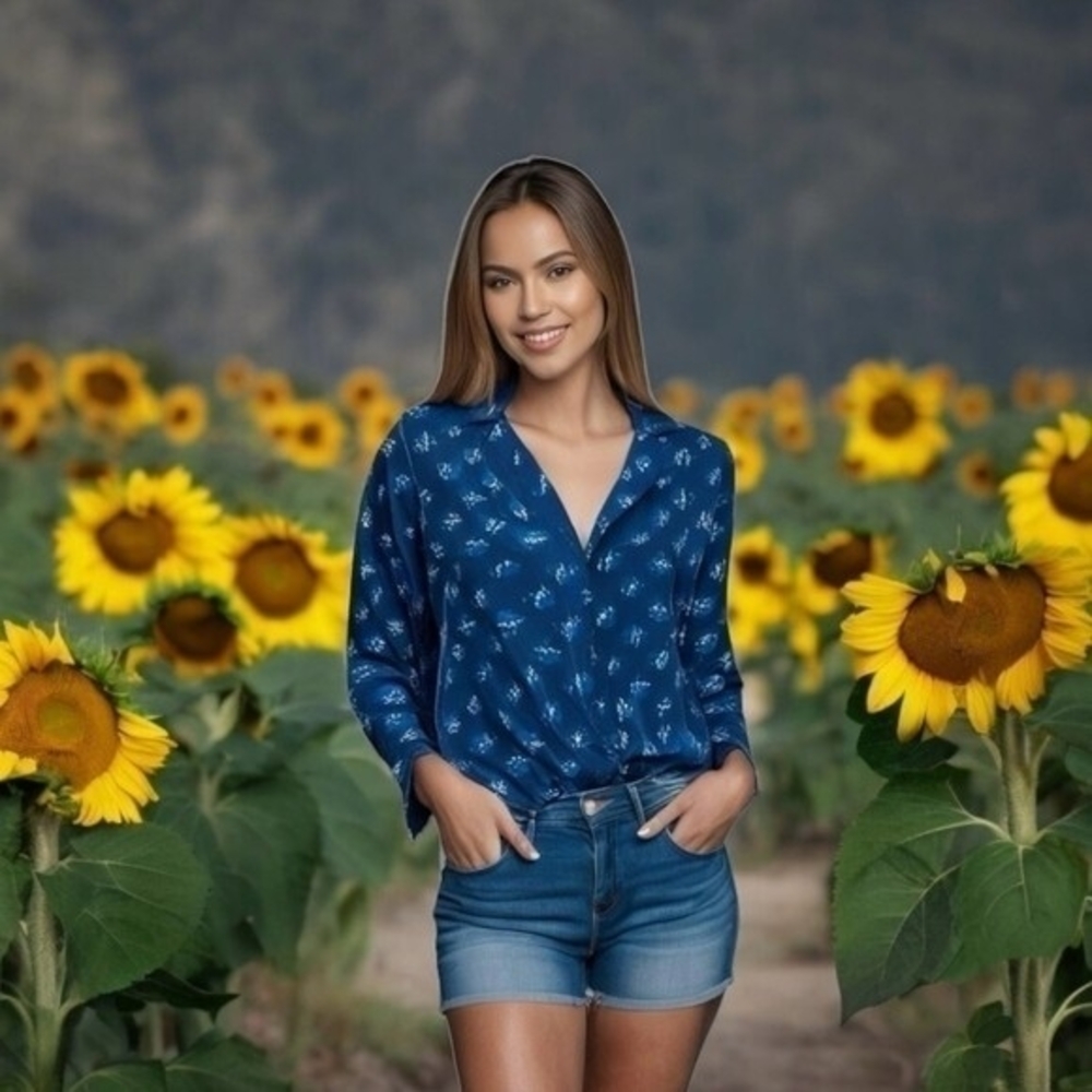Treasure and Bond Blue Floral Viscose Button Down Long Sleeve Blouse Women M VG